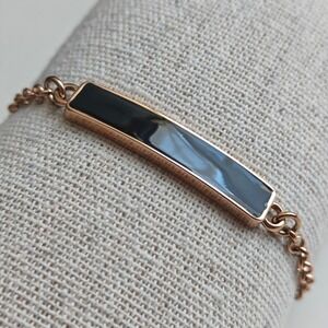 Rose Gold Tone Navy Enamel Bar Chain Bracelet Minimalist ID Style Rectangle